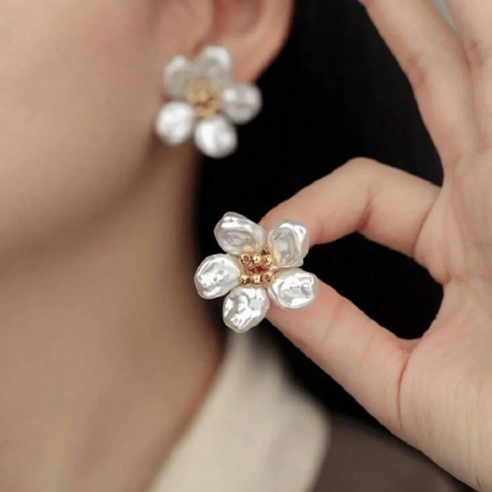 Gold and White pearl Flower Earrings with Crystal Accents - Picture 2 of 7